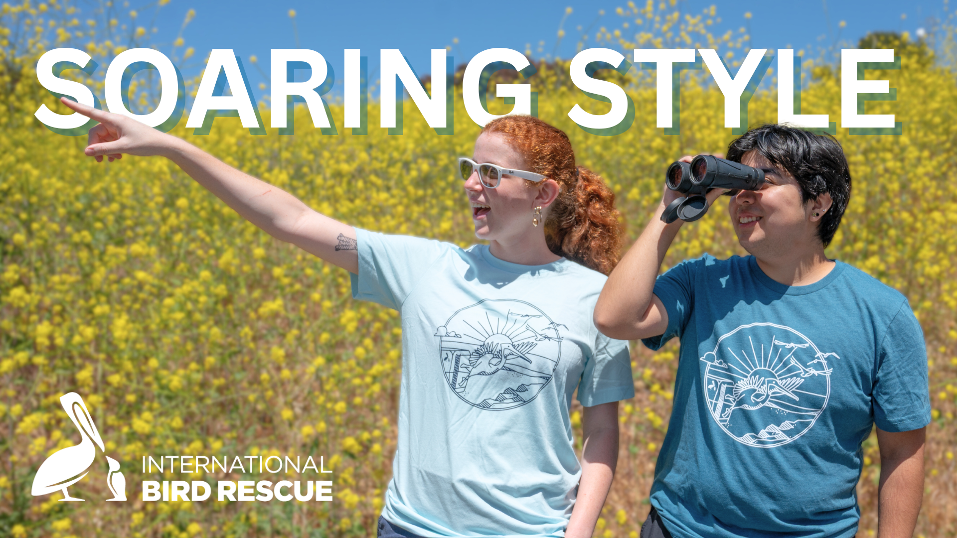 Two individuals wearing Flying Free tees are birdwatching.
