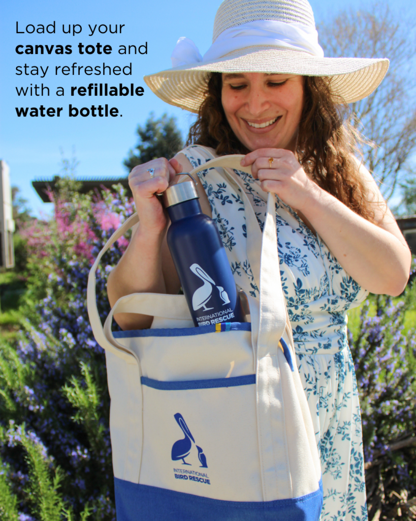 Kelly pulls a steel water bottle out of a canvas tote