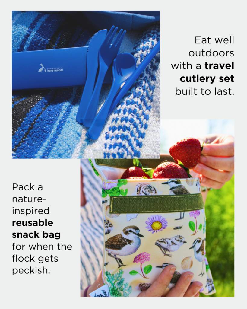 Blue cutlery set and plover decorated reusable snack bag