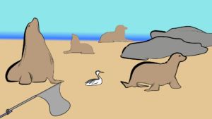 Cartoon showing an oiled grebe surrounded by sea lions getting rescued.